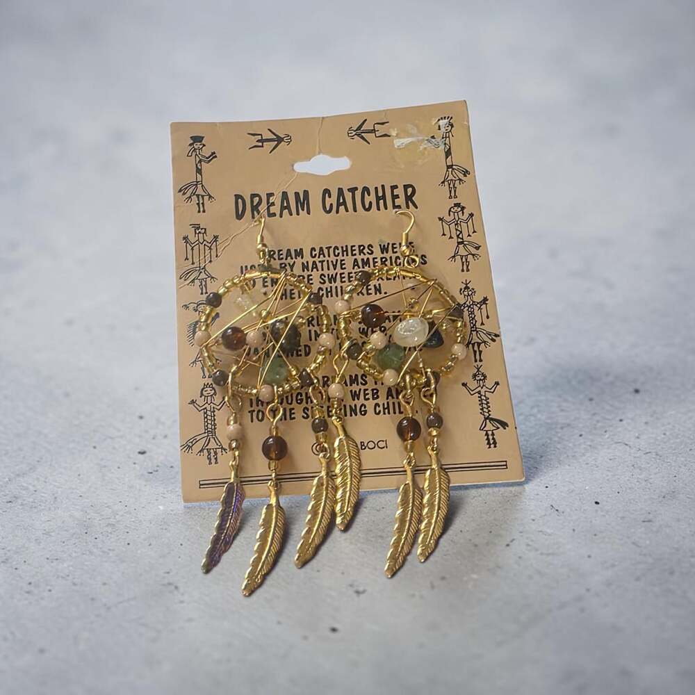 Vintage 1994 BOCI Dream Catcher Beaded Feather Dangle Earrings